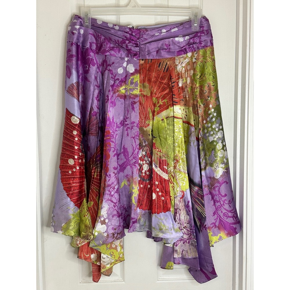 Bianca Nygard 100% Silk Asymmetrical Handkerchief Hem Pleated Skirt Multi Color